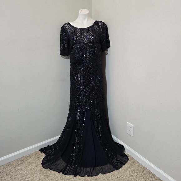 Sz 16W R&M Richards 1875 Sequined Illusion Short-Sleeve Modest A-Line Gown Navy - Picture 3 of 11